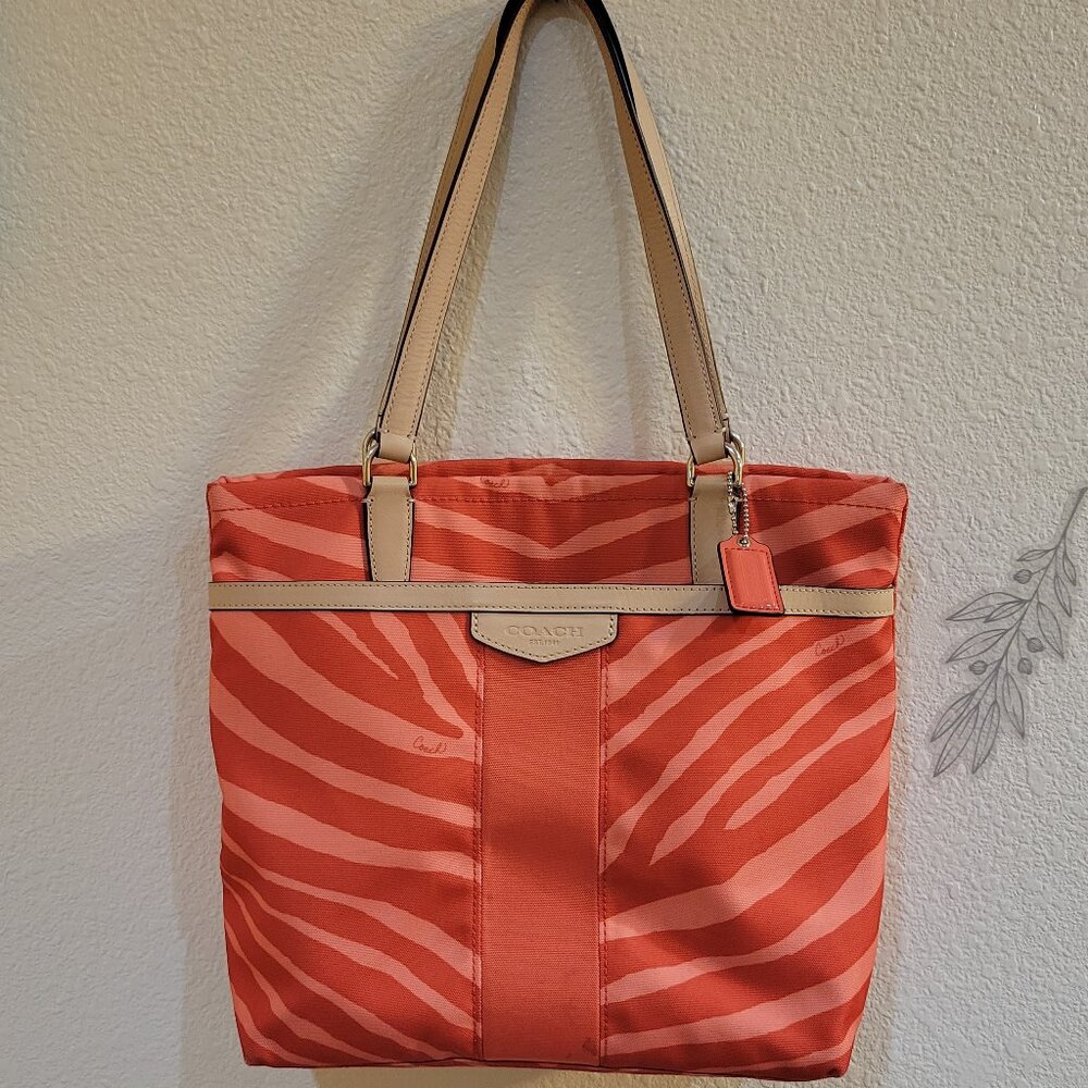 EUC Coach Zebra Print Orange Tote Bag